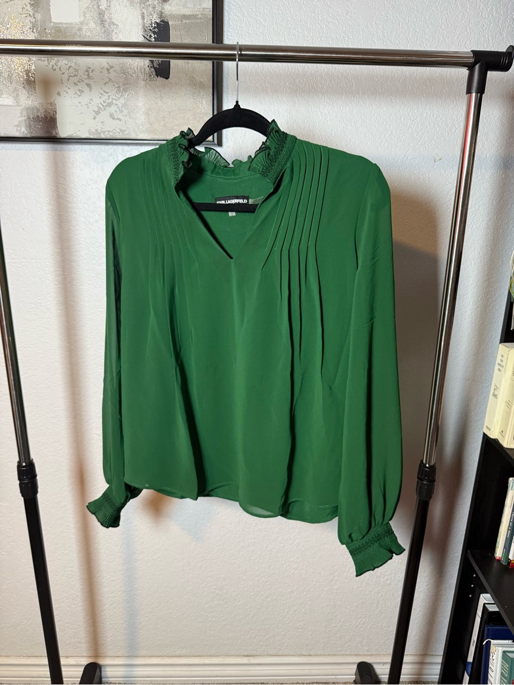 Karl Lagerfeld Ruffle Neck Pleated Blouse in Green Size Small NWT